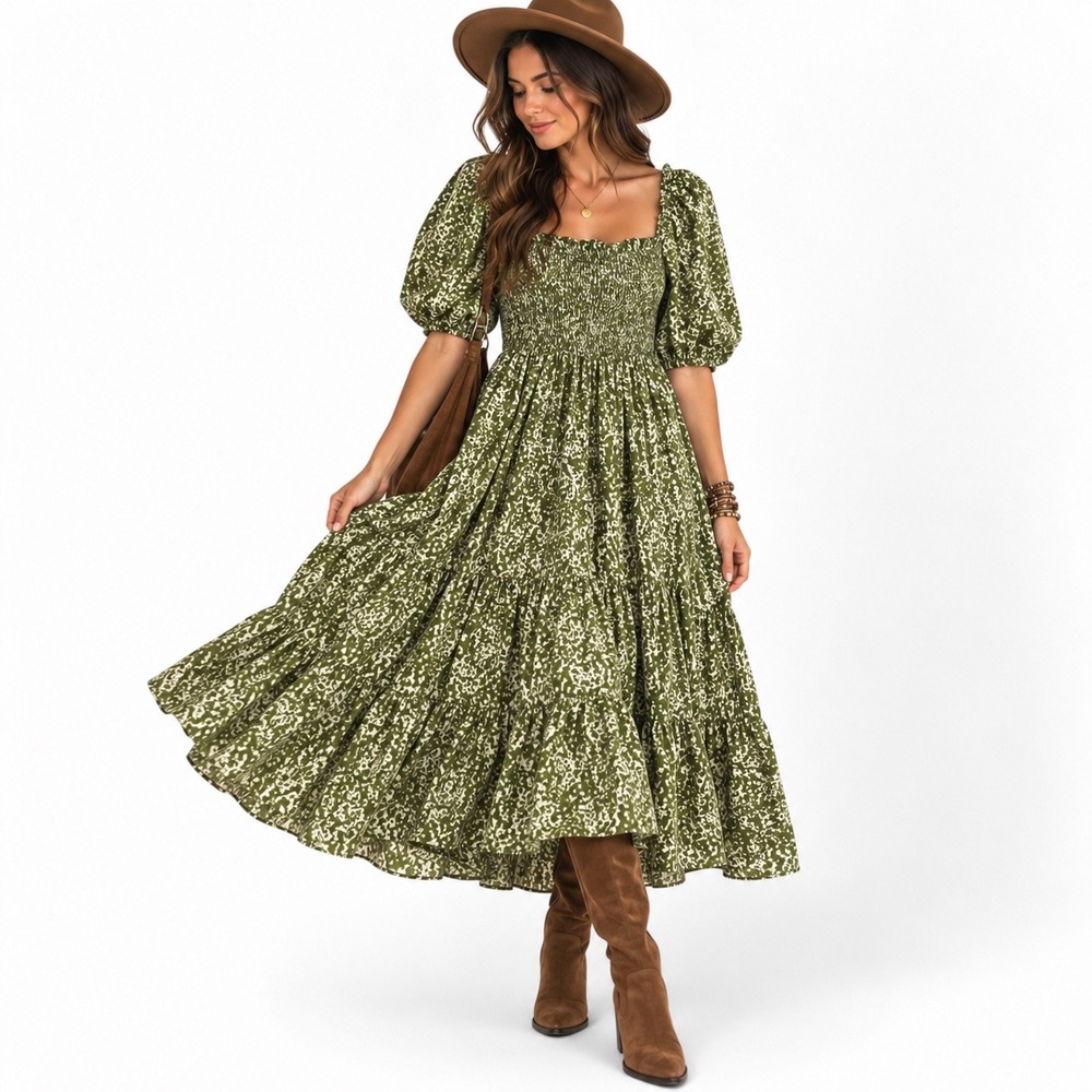 Abercrombie & Fitch Midi Dress Green White Smocked Tiered Linen Blend Boho Small